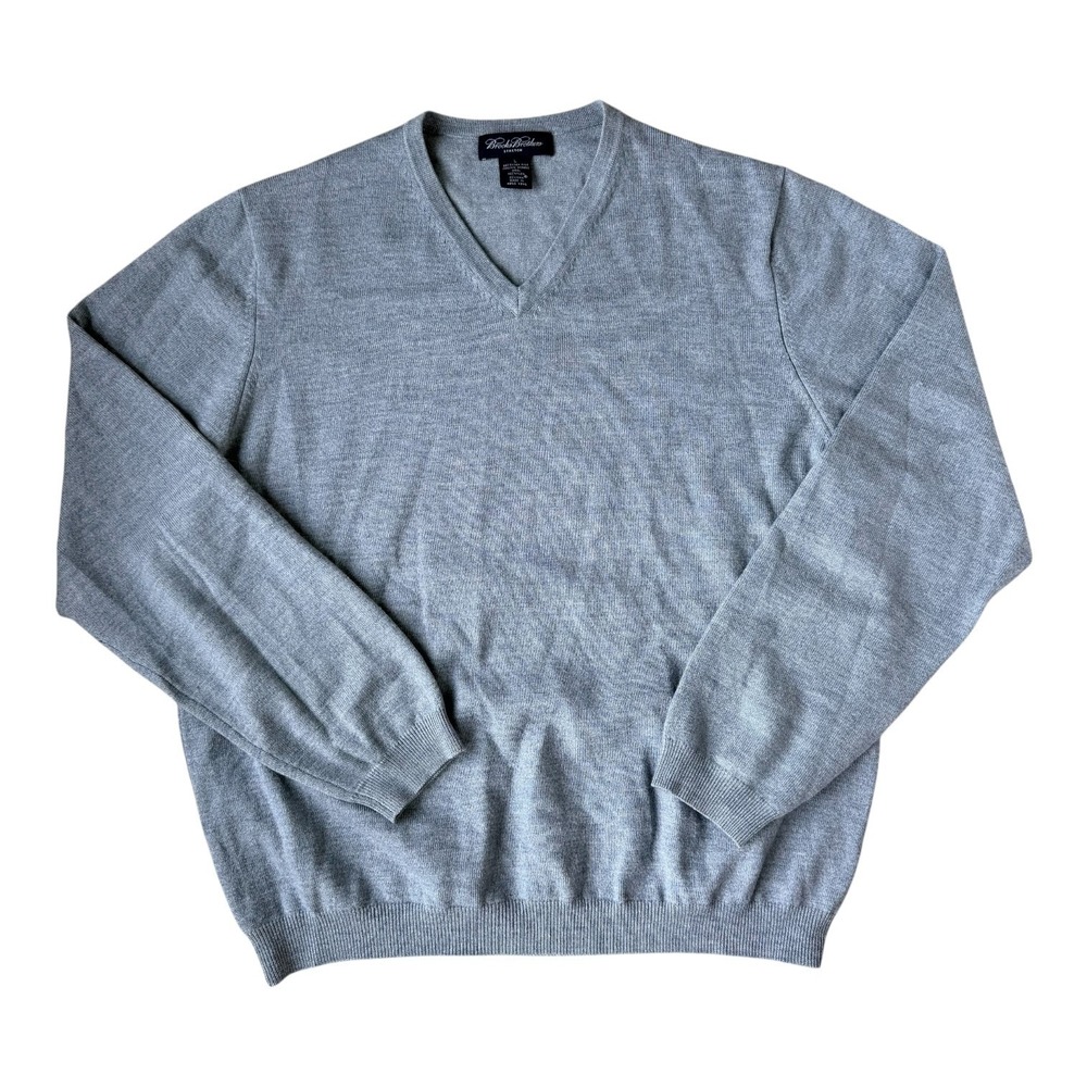 Brooks Brothers Italian Merino Wool V Neck Sweater Mens Large Steel Blue Stretch